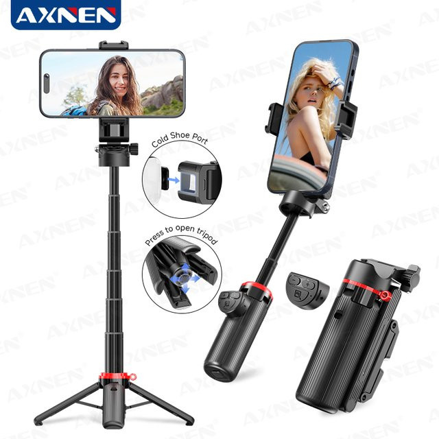 Axnen Mini Selfie-Stick Quadpod mit 360 Grad drehbarer Kaltplattenhalterung und Schiebe-Handyhalterung in Schwarz für iPhone und Android - Bild 1
