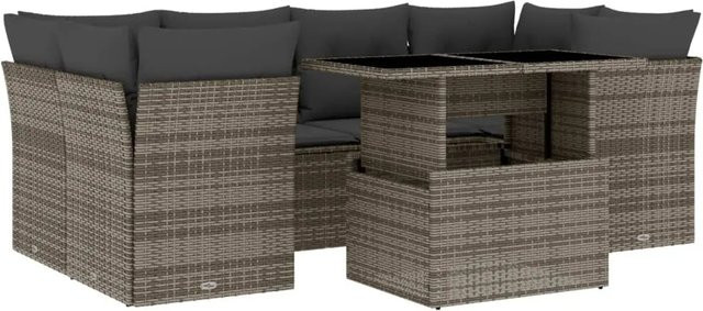vidaXL 7-tlg. Garten-Sofagarnitur aus Poly-Rattan in Grau mit Kissen und Tisch, L-Form - Bild 1
