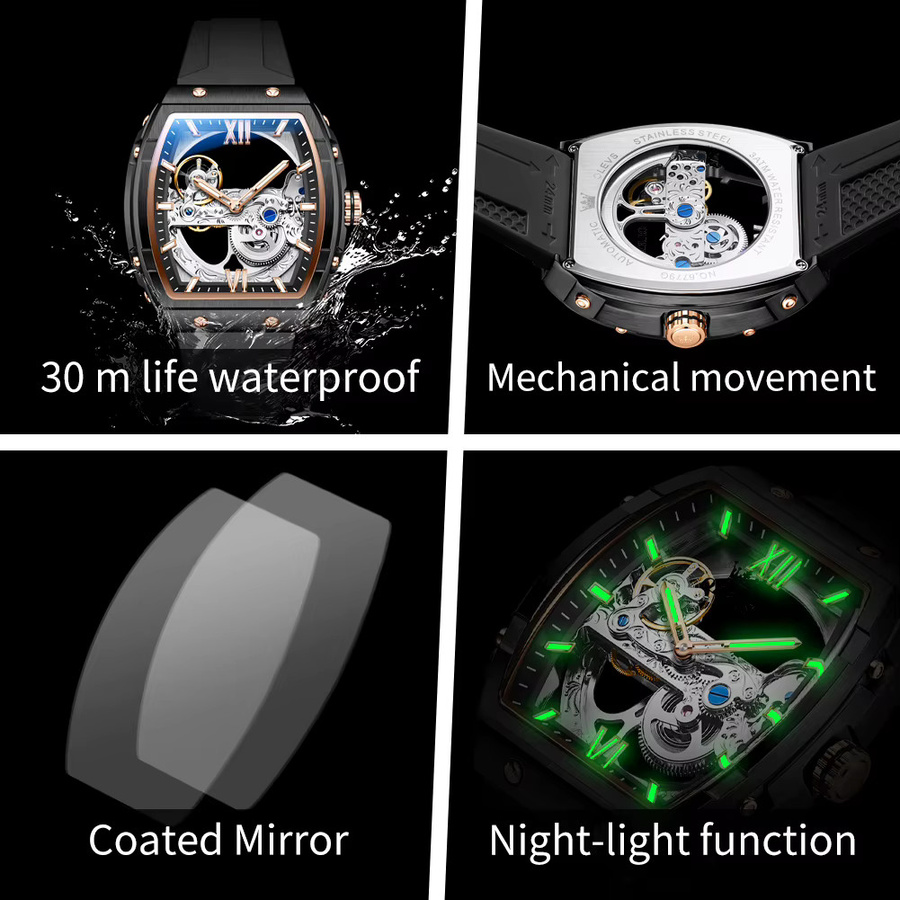 OLEVS Armbanduhr, Automatik, Edelstahl, Silikon, Schwarz, Herren - Bild 5