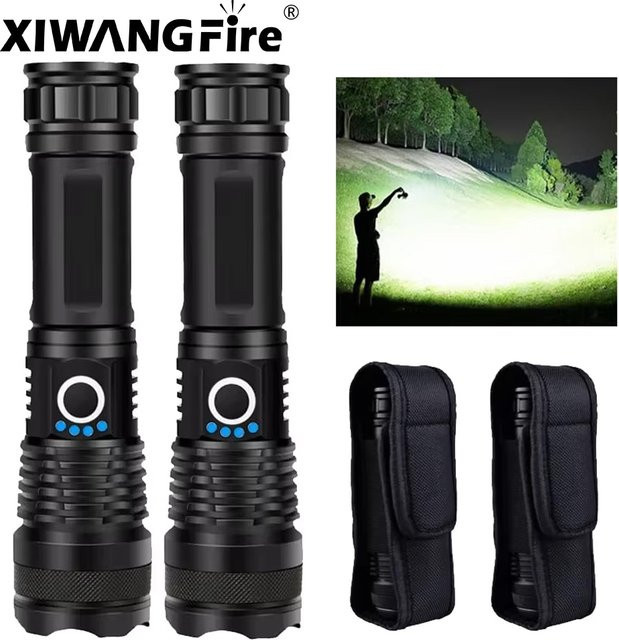 XIWANGFIRE XHP70 LED-Taschenlampe mit USB-C-Zoom, wiederaufladbar und wasserdicht, Schwarz - Bild 1