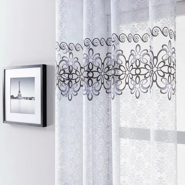 Transparenter Tüll-Vorhang mit floralem Design in Grau und Braun, Stoff-Fensterdekoration für Wohnzimmer, Schlafzimmer und Küche, B: 100 cm, H: 240 cm - Bild 1