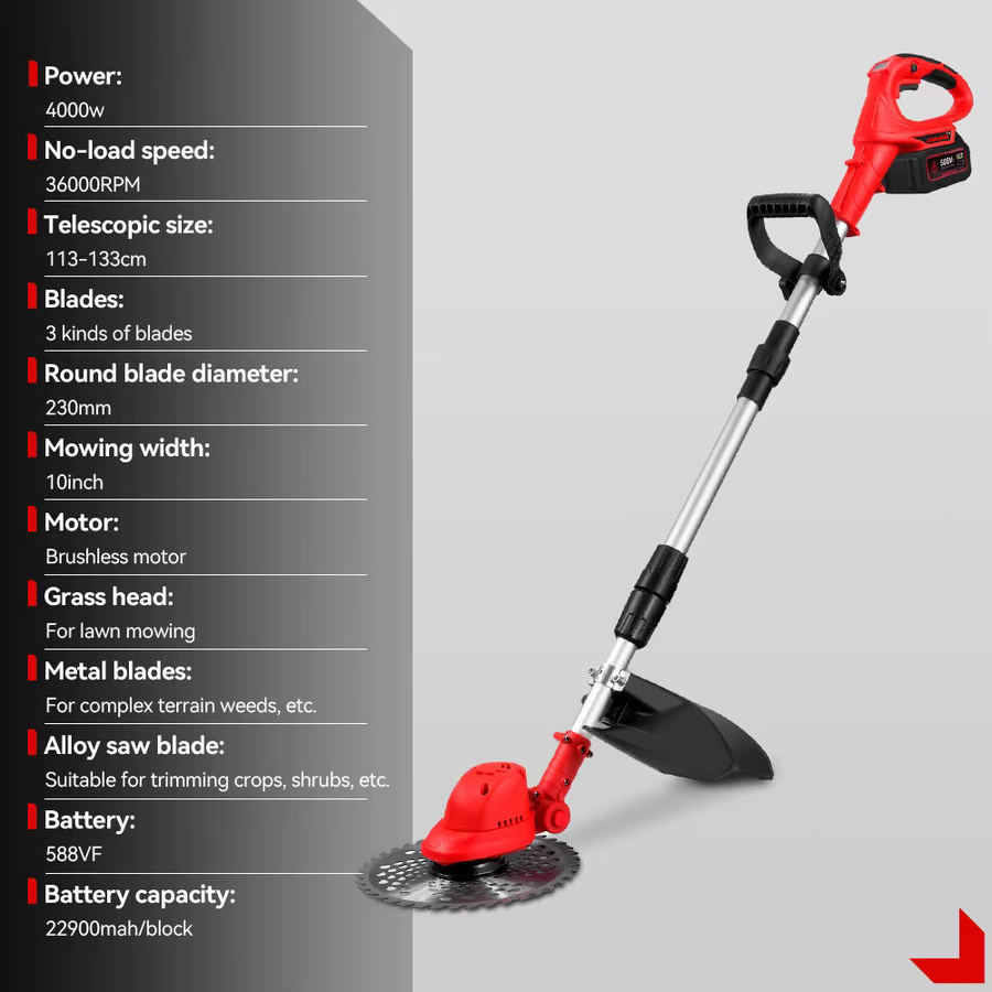 ONEVAN Bürstenloser 10-Zoll-Elektro-Rasenmäher in Rot, kabelloser Rasentrimmer mit 36000 U/min und Längenverstellung, kompatibel mit Makita LXT 18V Akku - Bild 2