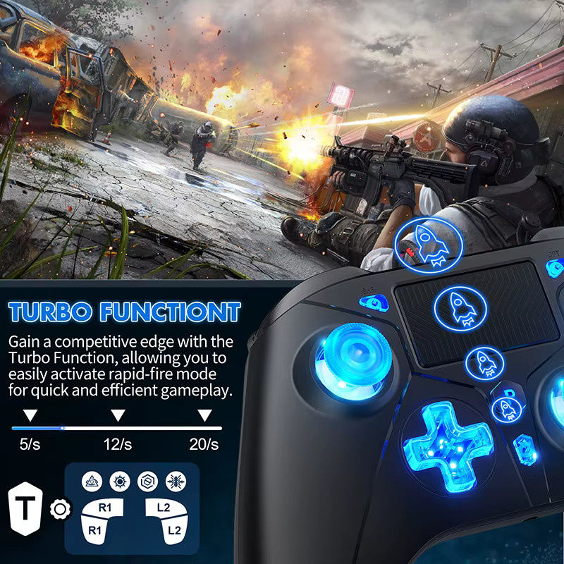 Bonacell RGB Gaming Controller für PS5, PS4 und PC, kabelgebundenes Gamepad mit Dual Vibration und 8 Farben, Schwarz/Multicolor - Bild 4