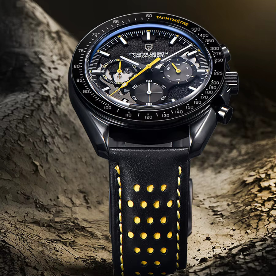 PAGANI DESIGN Chronograph Armbanduhr, Quarz, Edelstahl, Leder, Schwarz, Herren - Bild 2