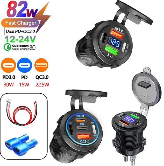 kebidumei Auto-Ladegerät mit Dual-USB PD & QC 3.0, 4 Anschlüssen, Voltmeter und wasserdichtem Steckdosenadapter für Auto und Boot, Schwarz - Bild 1
