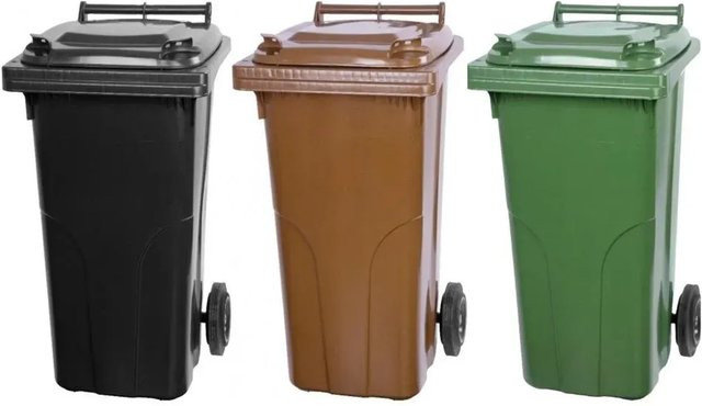 PROREGAL SuperSparSet 3er-Pack Mülltonnen mit 2 Rädern aus HDPE-Kunststoff, 120 Liter, Farben: Grau, Schwarz, Braun und Grün - Bild 1
