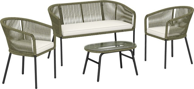 Outsunny Gartenlounge Set für 4 Personen aus Rattan mit 2-Sitzer Sofa, 2 Sesseln und Couchtisch mit Glasplatte in Beige - Bild 1