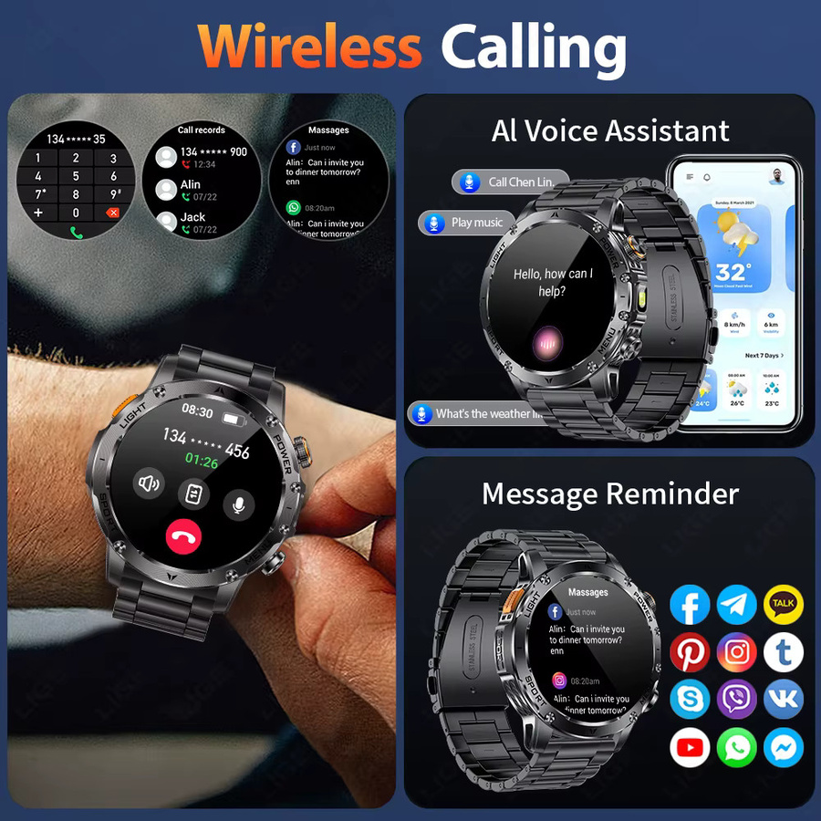 LIGE Neue Outdoor Smartwatch für Herren mit 1,7 Zoll Display, Bluetooth Anruffunktion, Herzfrequenzmessung und Taschenlampe, wasserdicht, Schwarz/Silber - Bild 2