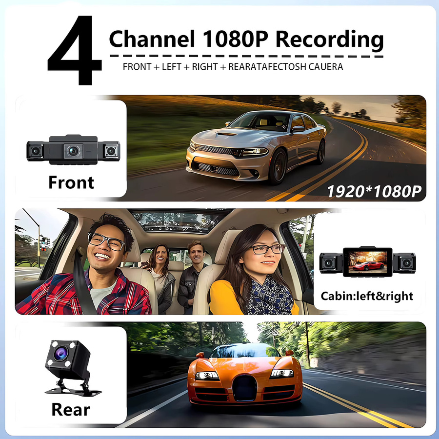 OMGO 4-Kanal Dash Cam mit 360 Grad Rundumschutz, Full HD 1080P Auto DVR mit WIFI App-Steuerung und Rückfahrkamera, Schwarz - Bild 3