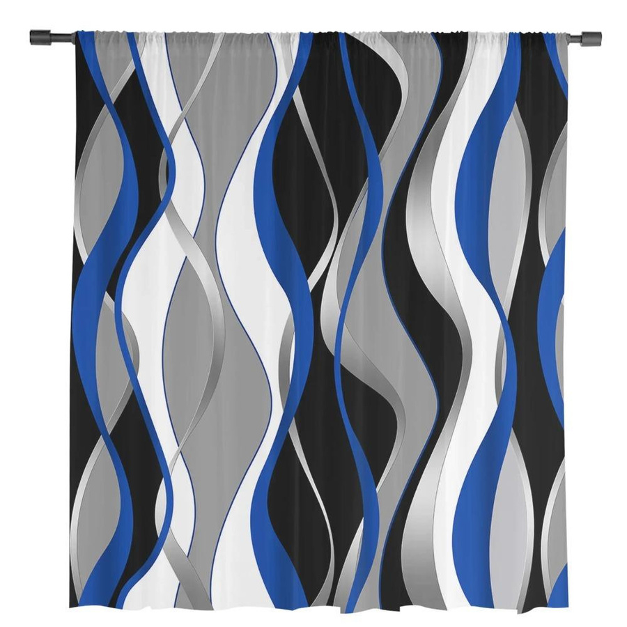 Yiran Furniture Transparenter Voile-Vorhang mit abstraktem Linienmuster in Blau und Schwarz, B: 135 cm, H: 115 cm - Bild 1
