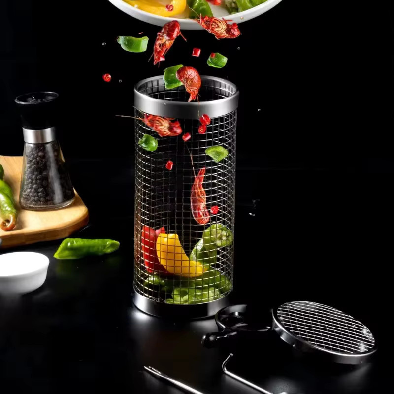 Edelstahl Grillkäfig in Silber als BBQ Zylinder und Mesh Trommel für das Räuchern und Outdoor-Grillen - Bild 5