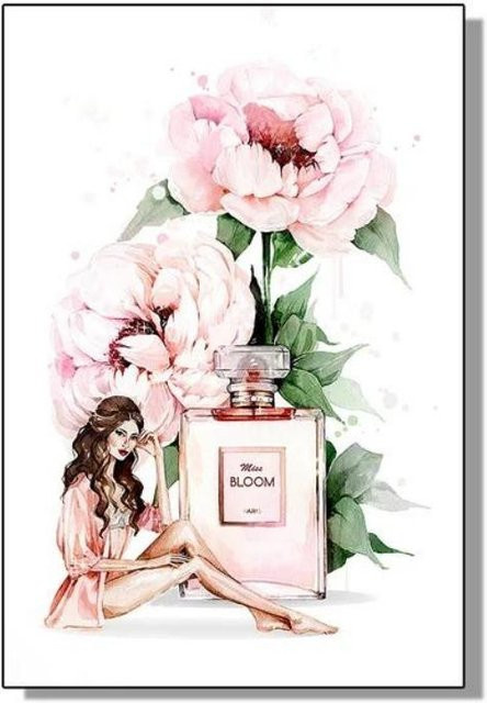 Modernes Leinwandposter mit Parfümflakon und Blumen in Rosa, Rechteckig, Breite: 21 cm, Höhe: 30 cm - Bild 1