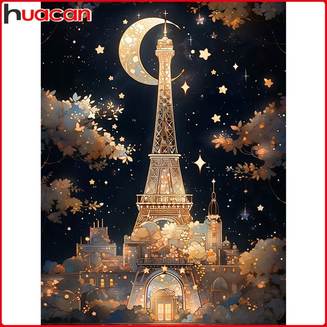 Huacan 5D DIY Diamantmalerei Eiffelturm Nacht Mond Landschaft Stickerei-Set, Mehrfarbig, B/H: 30 x 20 cm - Bild 1