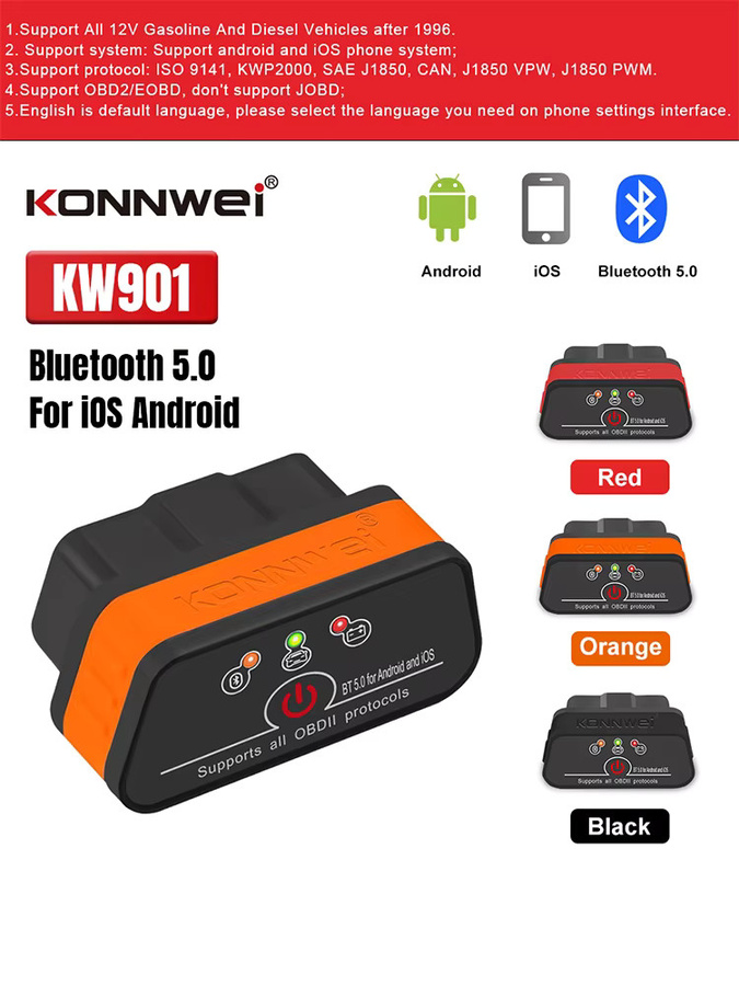 KONNWEI KW901 ELM327 V1.5 Bluetooth 5.0 OBD2 Auto Diagnose Scanner für Android und iOS in Orange - Bild 5