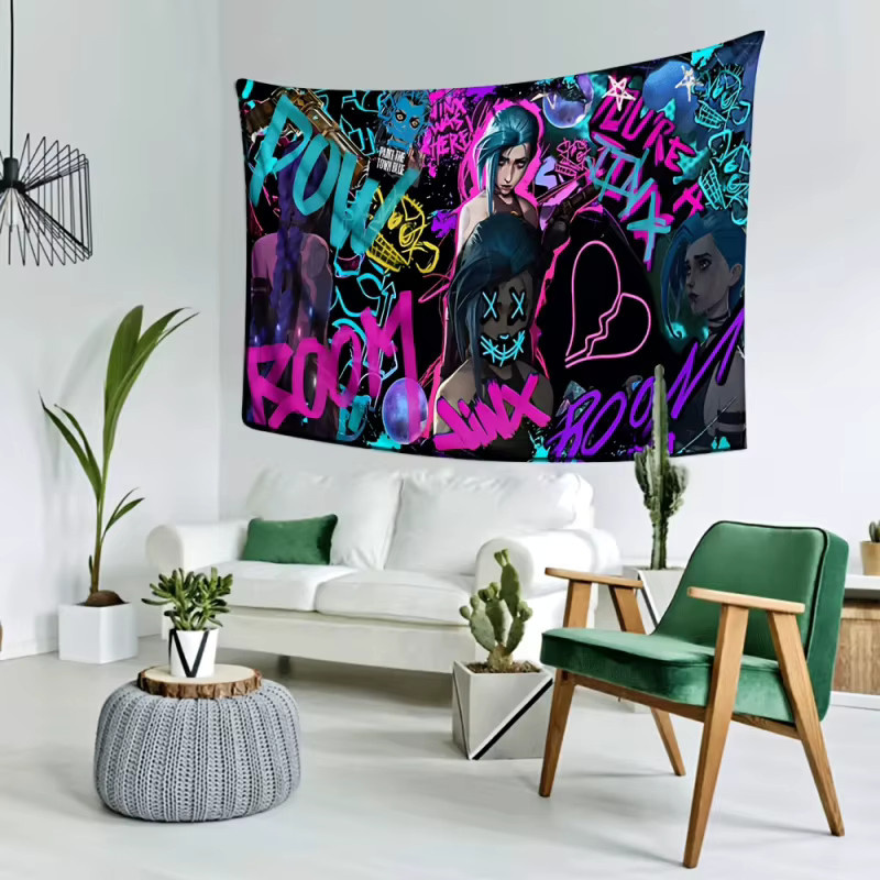 VIKAMA League of Legends Jinx Wandteppich im Neon-Graffiti-Cyberpunk-Stil, Mehrfarbiger Wandbehang für dein Gaming-Zimmer - Bild 2