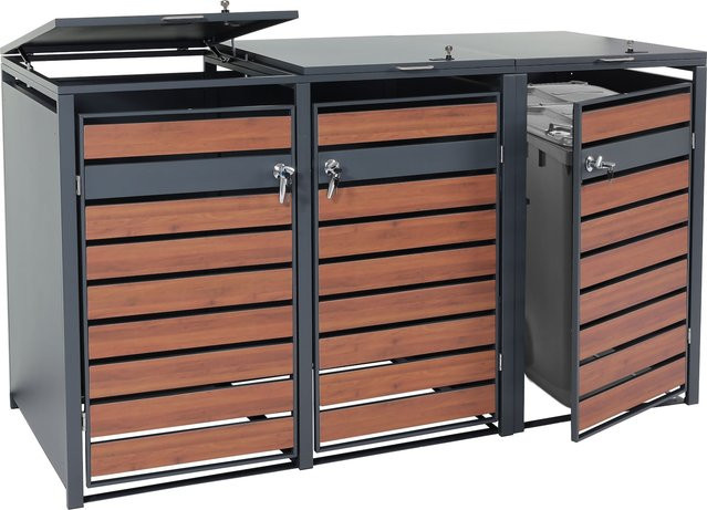 MCW XL Mülltonnenverkleidung J81 Mülltonnenbox aus Metall in Anthrazit mit Kirsche-Holzoptik Dunkelbraun H x B x T: 117 x 215 x 98 cm - Bild 1