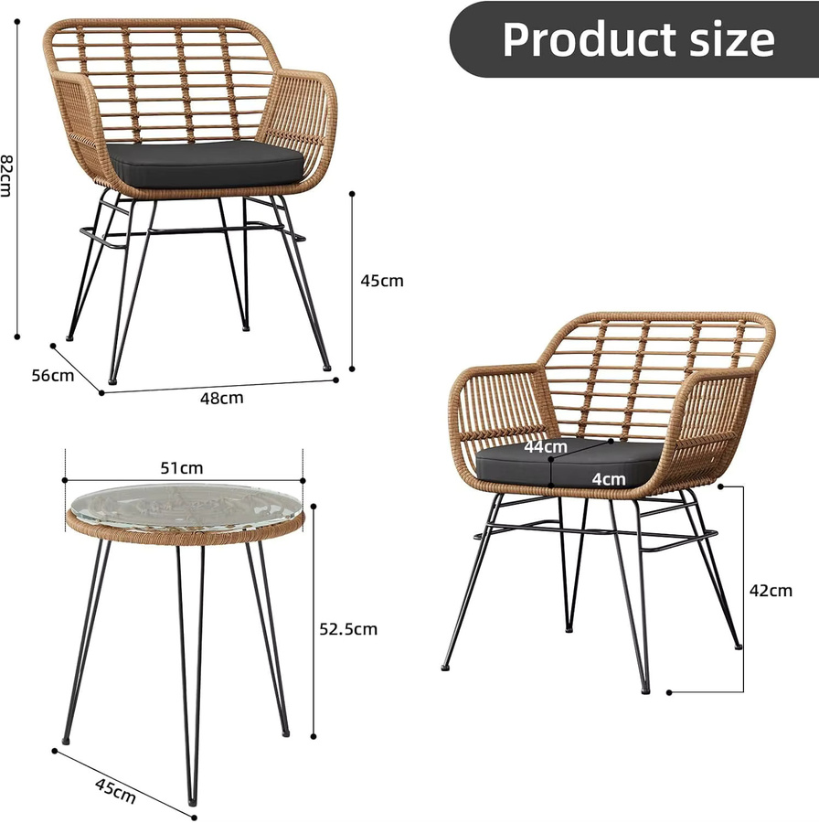 HiMISS 3-teiliges Rattan-Bistro-Set mit Tisch und Glasplatte sowie 2 gepolsterten Sesseln in Gelb und Schwarz - Bild 7