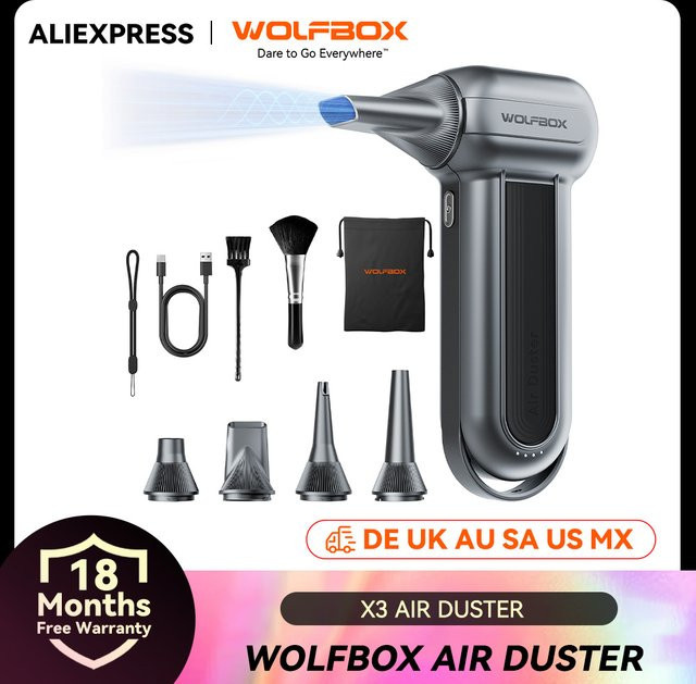 WOLFBOX MF100 Elektrischer Luftstaubsauger und Luftgebläse mit 150000 U/min, wiederaufladbarer bürstenloser 3-Gang-Motor für Auto, PC und Zuhause - Bild 1