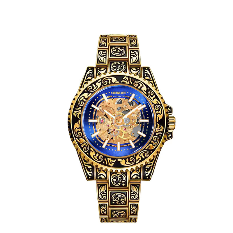 MEIRUIQI Tourbillon-Uhr, Analoguhr, Messing, Gold, Blau, Herren, Vintage - Bild 5