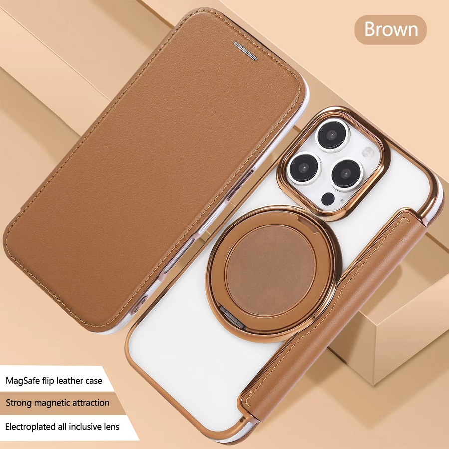 Magnetische Ledertasche mit 360 Grad drehbarem Ständer und LED-Funktion als Flip-Cover für iPhone 12 bis iPhone 17 Air in Pink und Braun - Bild 2