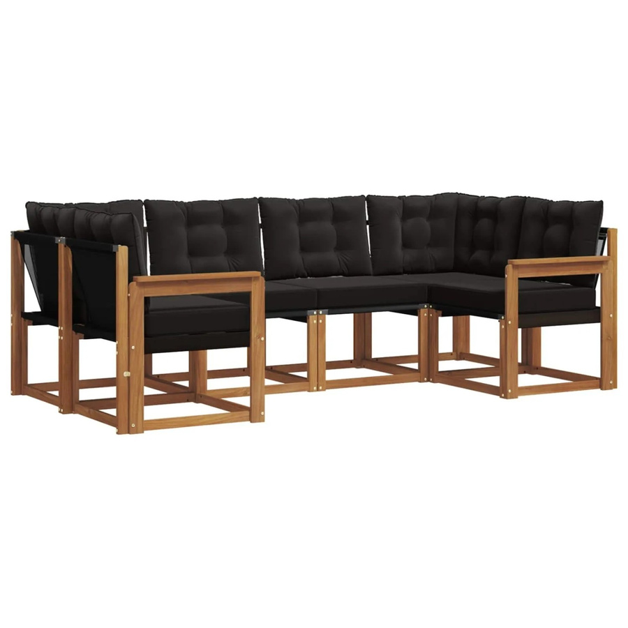 vidaXL Outdoor-Sofagarnitur 6-teilig in L-Form aus Akazienholz und Textilene mit Kissen, Schwarz und Natur - Bild 2