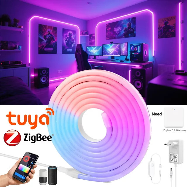 Guillermo Intelligenter Zigbee RGB LED Neon-Flex Streifen 12V mit Tuya App und Sprachsteuerung für Alexa und Google Home, Multicolour - Bild 1