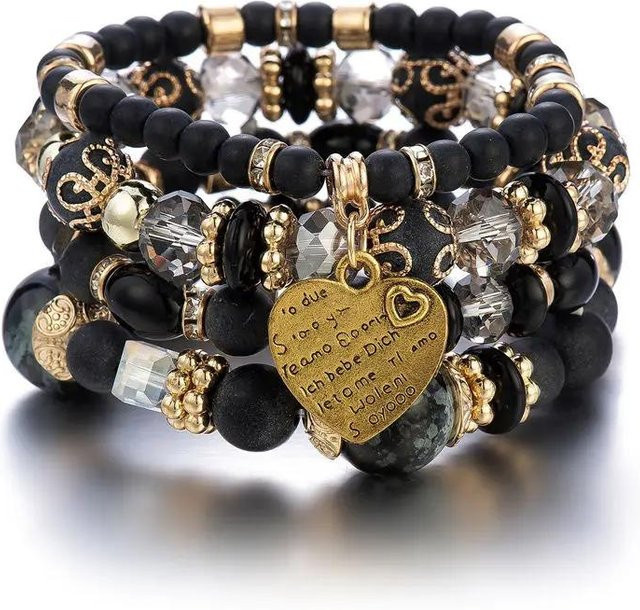 YIRAN Armband Set, Kristallperlen, Herzanhänger, Messing, Schwarz, Unisex - Bild 1