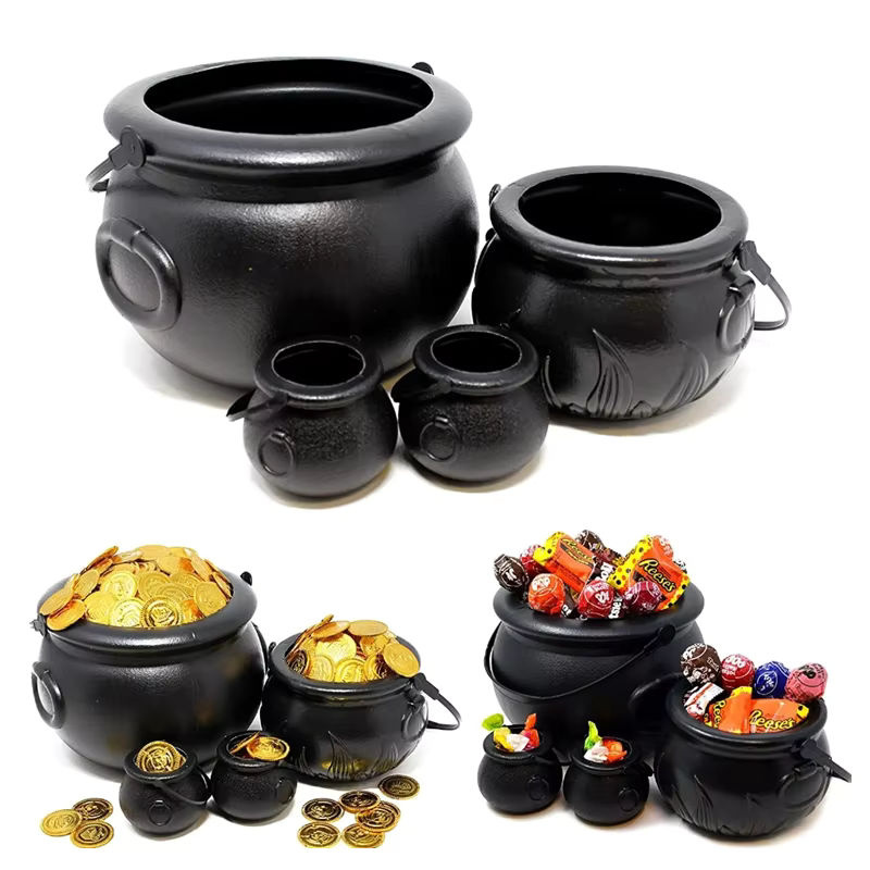 Schwarzer Halloween Kessel aus Kunststoff mit Hexenschädel-Design als Süßigkeiten-Eimer für Kinder-Partygeschenke und Dekoration - Bild 4