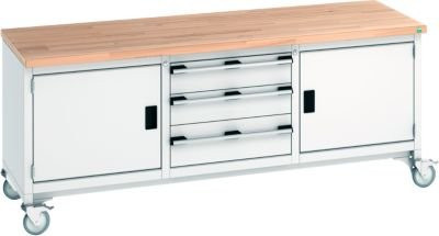 Bott Kastenwerkbank cubio aus Buche-Massiv mit 3 Schubladen und 4 Lenkrollen, Farbe: lichtgrau, B: 200 cm, T: 75 cm, H: 84 cm - Bild 1