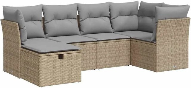 vidaXL 6-teilige Garten-Sofagarnitur in L-Form mit Kissen und Ottoman, Poly-Rattan in Beige und Grau mit wetterfesten Polstern und pulverbeschichtetem Stahlgestell - Bild 1