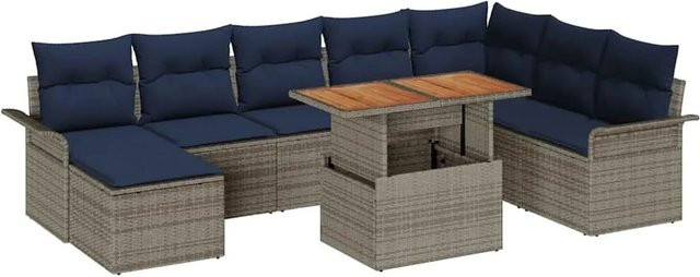 vidaXL Garten-Sofa-Set aus Polyrattan mit 9 Kissen in Grau und Marineblau inklusive Tisch und Stauraumfunktion - Bild 1