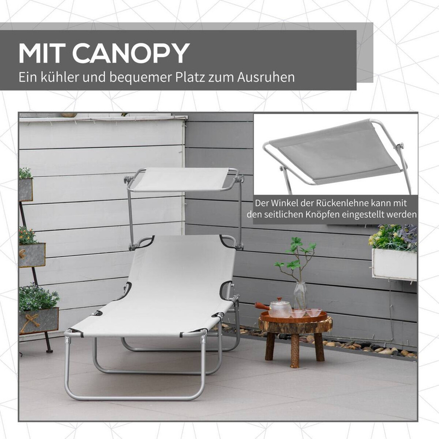 Outsunny Sonnenliege in Hellgrau mit Sonnendach und verstellbarer Kopfstütze aus UV-beständigem Polyester, B/H/L: 58 x 36 x 187 cm - Bild 2