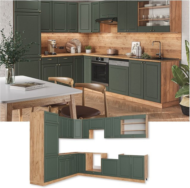 Vicco Fame-Line Eckküche in Landhausstil, Küchenzeile aus Eiche in Grün und Gold, B: 227 cm, H: 287 cm - Bild 1