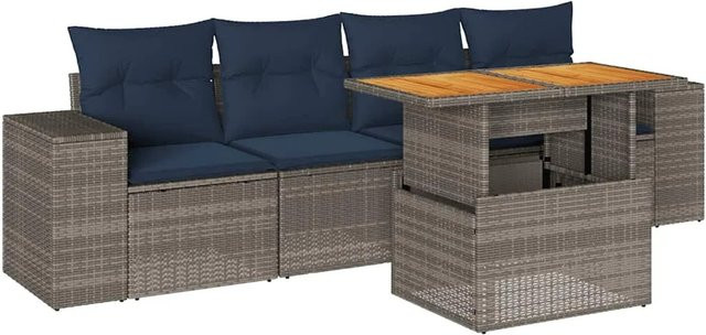 vidaXL 5-teilige Garten-Sofagarnitur aus Polyrattan in Grau mit Kissen und Metallgestell - Bild 1
