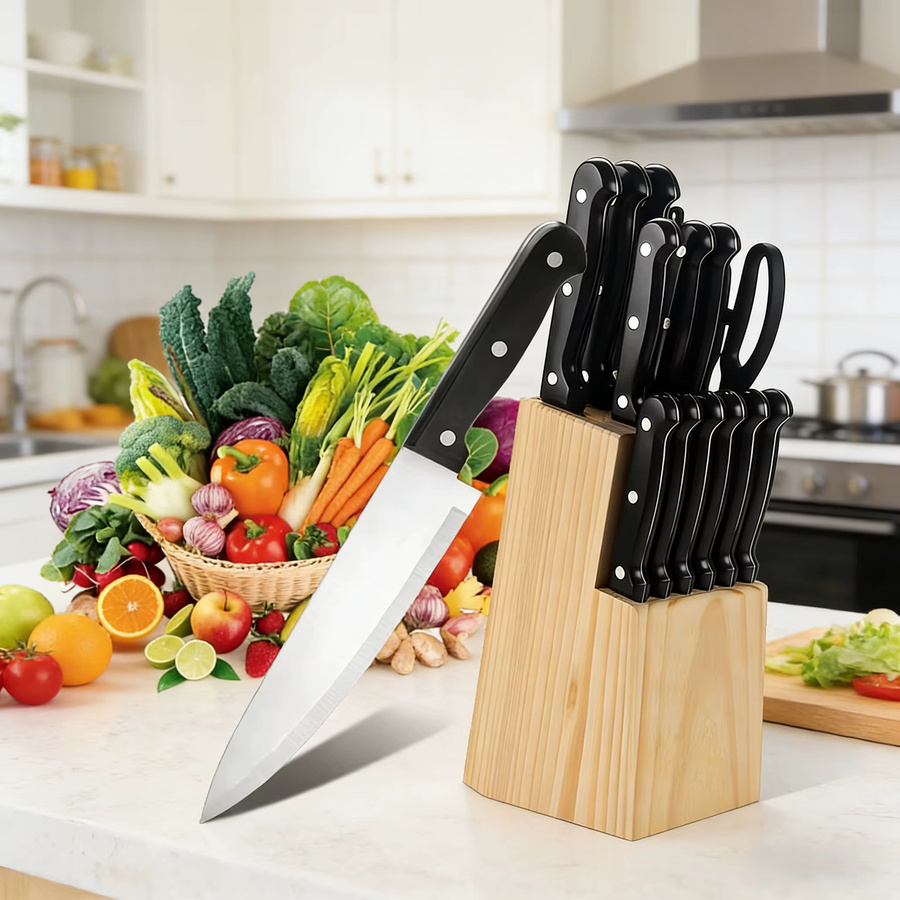 DFITO 15-teiliges Küchenmesser-Set aus Edelstahl mit Messerhalter in Schwarz - Bild 3