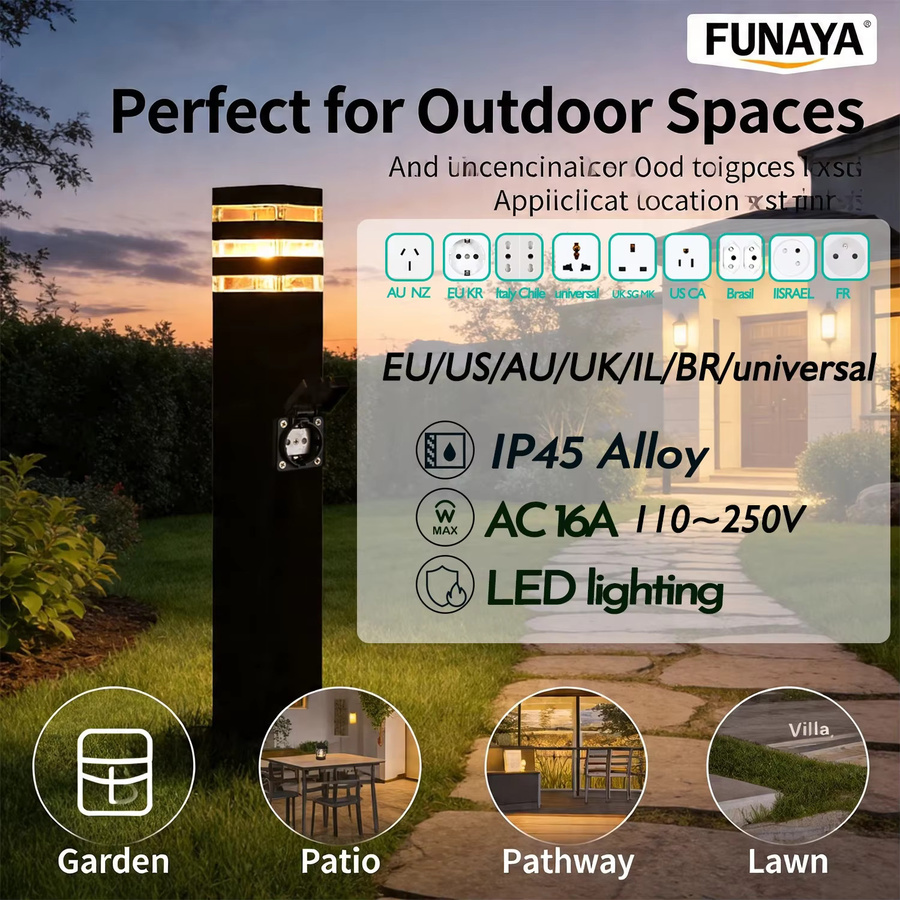 FUNAYA Außenleuchte mit wasserdichter Steckdose, moderne LED Pollerleuchte aus Aluminium in Schwarz, E27 Fassung, IP45 Schutzklasse für Garten und Innenhof - Bild 3