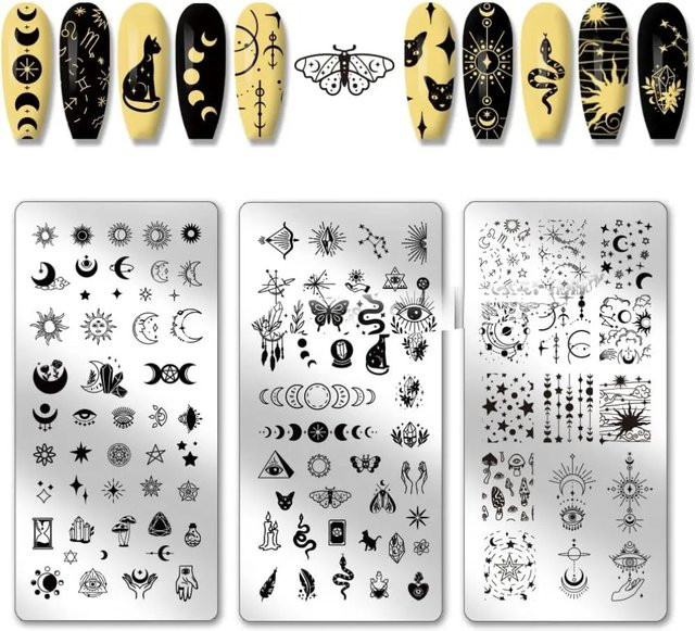 3 Stück Nagelstempelplatten Mond und Sonne, Edelstahl Nail Art Vorlagen - Bild 1