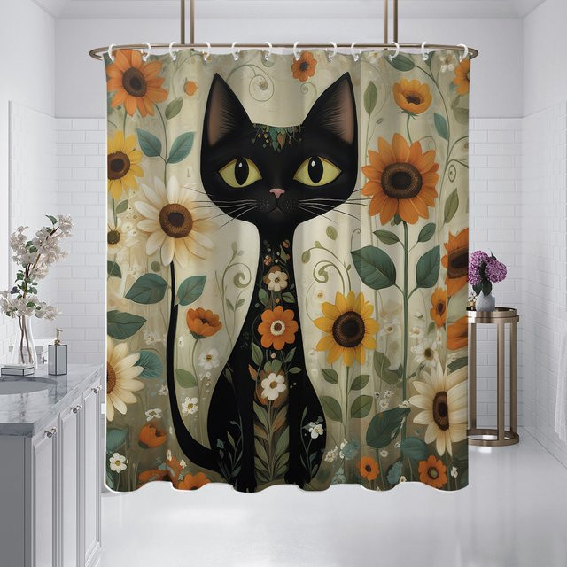 Wasserdichter Duschvorhang mit Aquarell-Katzen und Sonnenblumen, Mehrfarbig, inklusive 12 Haken, Höhe: 180 cm, Breite: 180 cm - Bild 1