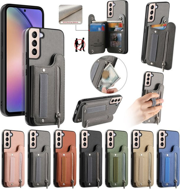 Flip Card Bag Handyhülle für Samsung Galaxy S25 Plus S24 FE S23 Ultra S22 S21 A56 A55 5G A54 A53 mit Handgelenkschlaufe, Reißverschluss und Wallet Cover in Blau - Bild 1