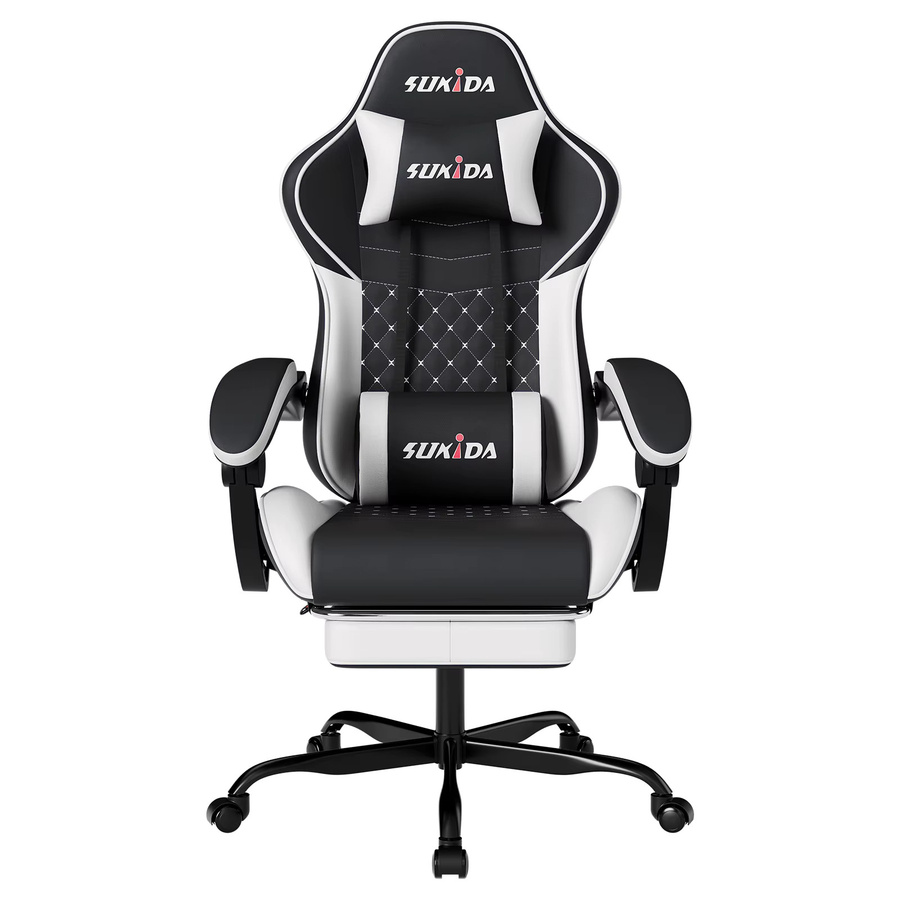 SUKIDA Gaming-Stuhl in Schwarz-Gelb mit Fußstütze, Lendenwirbelstütze und Kopfstütze aus Kunstleder - Bild 6