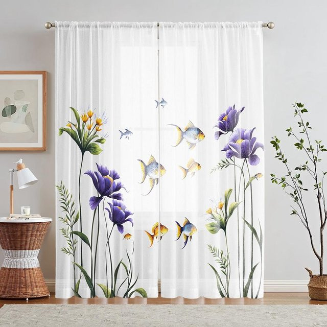 2er-Set Fensterblenden mit lila Iris Fisch-Print, halbtransparent, Weiß, B: 132 cm, H: 160 cm - Bild 1