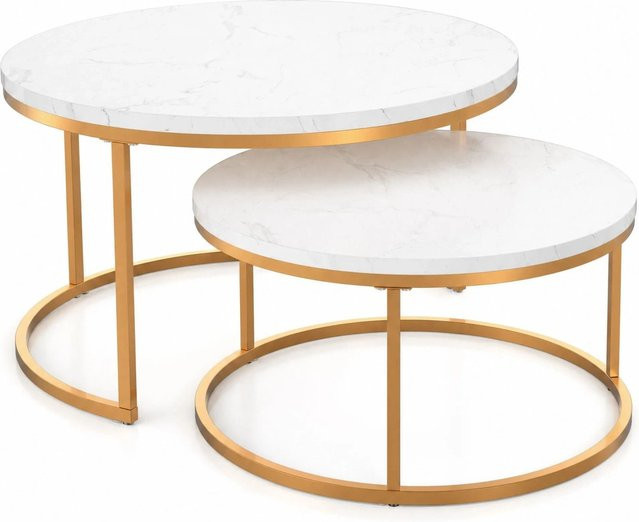 okwish Couchtisch 2er-Set aus MDF und Metall in Gold und Weiß, quadratisch, B/T/H: 87 x 87 x 13 cm - Bild 1