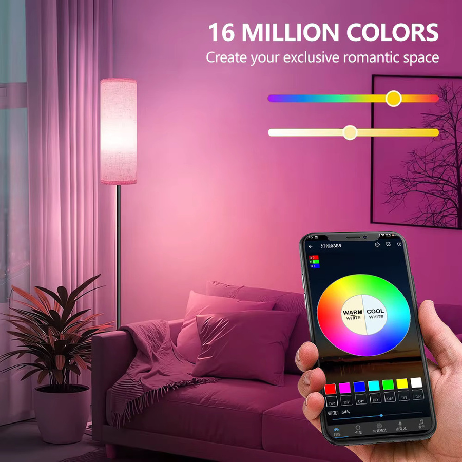 Moderne RGBW LED Stehlampe in Schwarz mit Bluetooth App-Steuerung und Musik-Synchronisation, 12W dimmbar mit Stoffschirm für Schlafzimmer und Büro - Bild 3