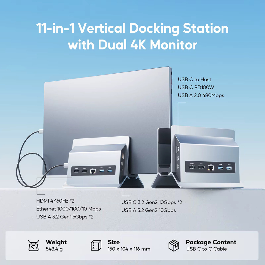 PULWTOP 11-in-1 USB-C Laptop-Dockingstation mit Dual-Monitor-Unterstützung und vertikalem Ständer in Schwarz und Grau - Bild 2