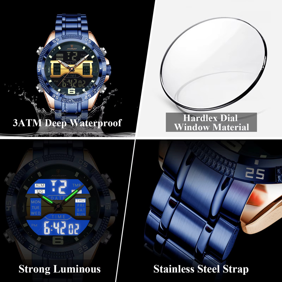 POEDAGAR Digitaluhr, Quarz, Edelstahl, Silber, Herren, Chronograph, Alarm - Bild 4
