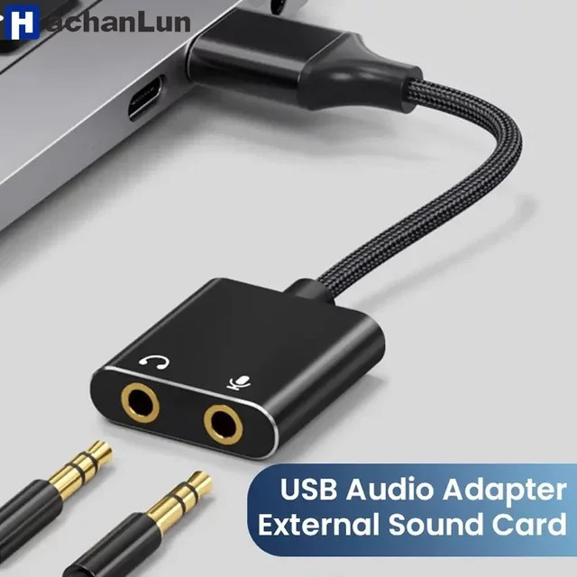HACHANLUN USB-Soundkarten-Adapter mit 3,5-mm-Kopfhörer- und Mikrofonbuchse und geflochtenem Kabel in Schwarz für Windows und Mac - Bild 1