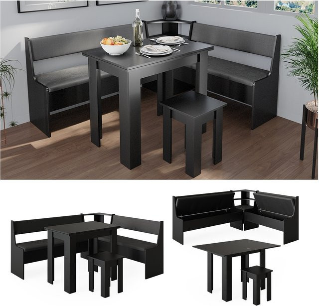 Vicco Eckbankgruppe Roman in Schwarz mit Küchentisch und Tischhockern, moderne Esszimmergruppe für Küche und Esszimmer - Bild 1