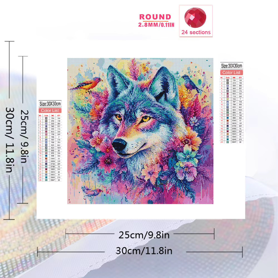 EverShine Diamant-Gemälde Wolfsbild mit Gänseblümchen-Dekor, bunte Strass-Stickerei als Kreuzstich-Mosaik, Multicolor - Bild 2