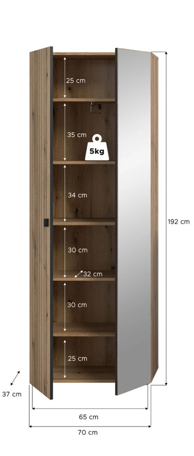 Garderobenschrank Loreno in Eiche mit Spiegel, Farbe Braun, B: 70 cm, T: 37 cm, H: 192 cm - Bild 4