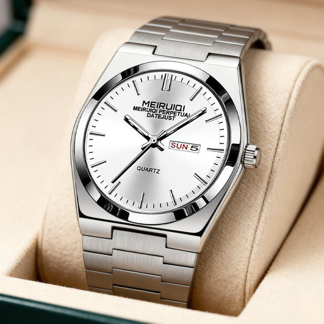 MEIRUIQI Armbanduhr Quarz, Edelstahl, Silber, Datum, Herren - Bild 1
